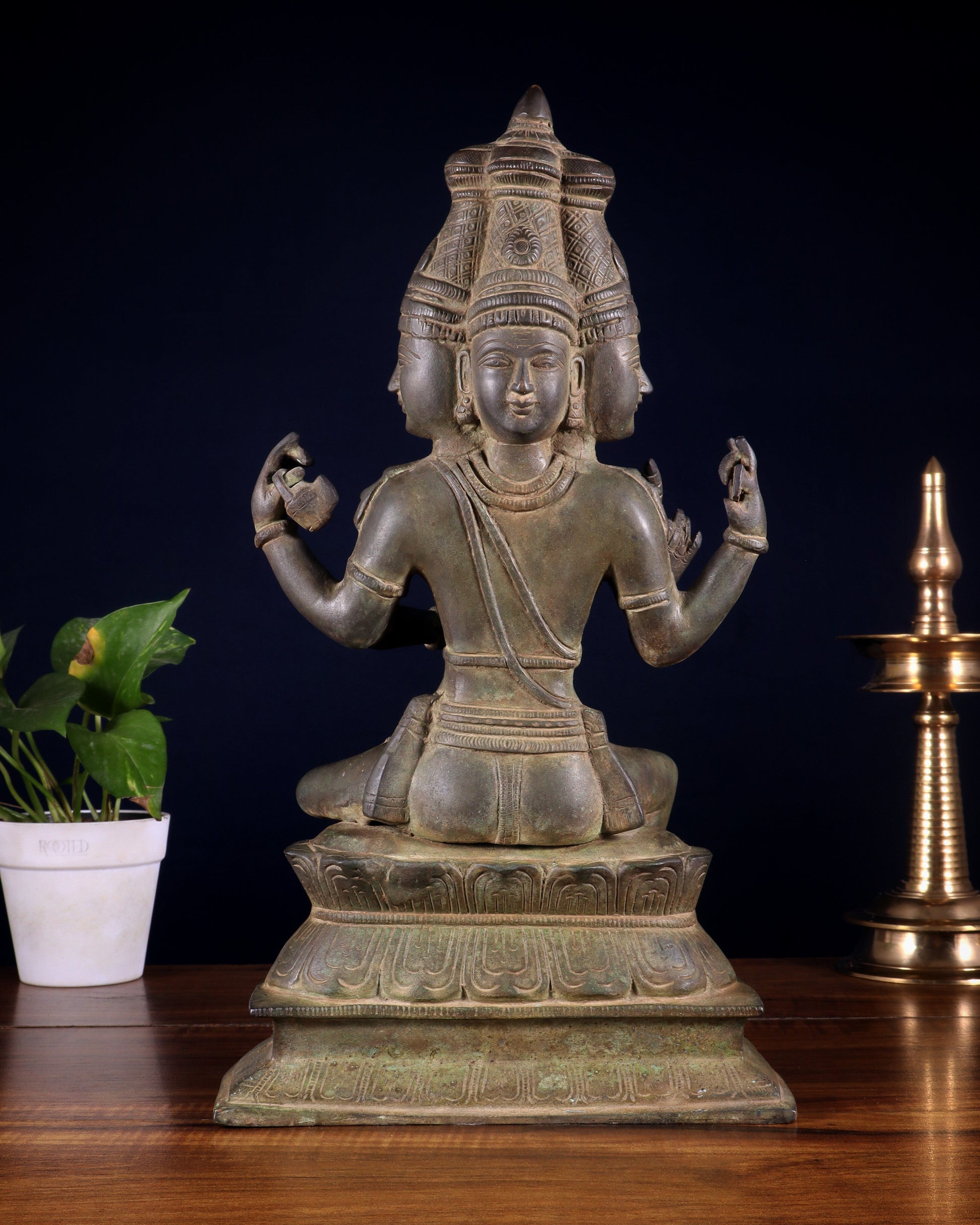 Vintage Brass Seated Lord Brahma Sculpture - 16 inch