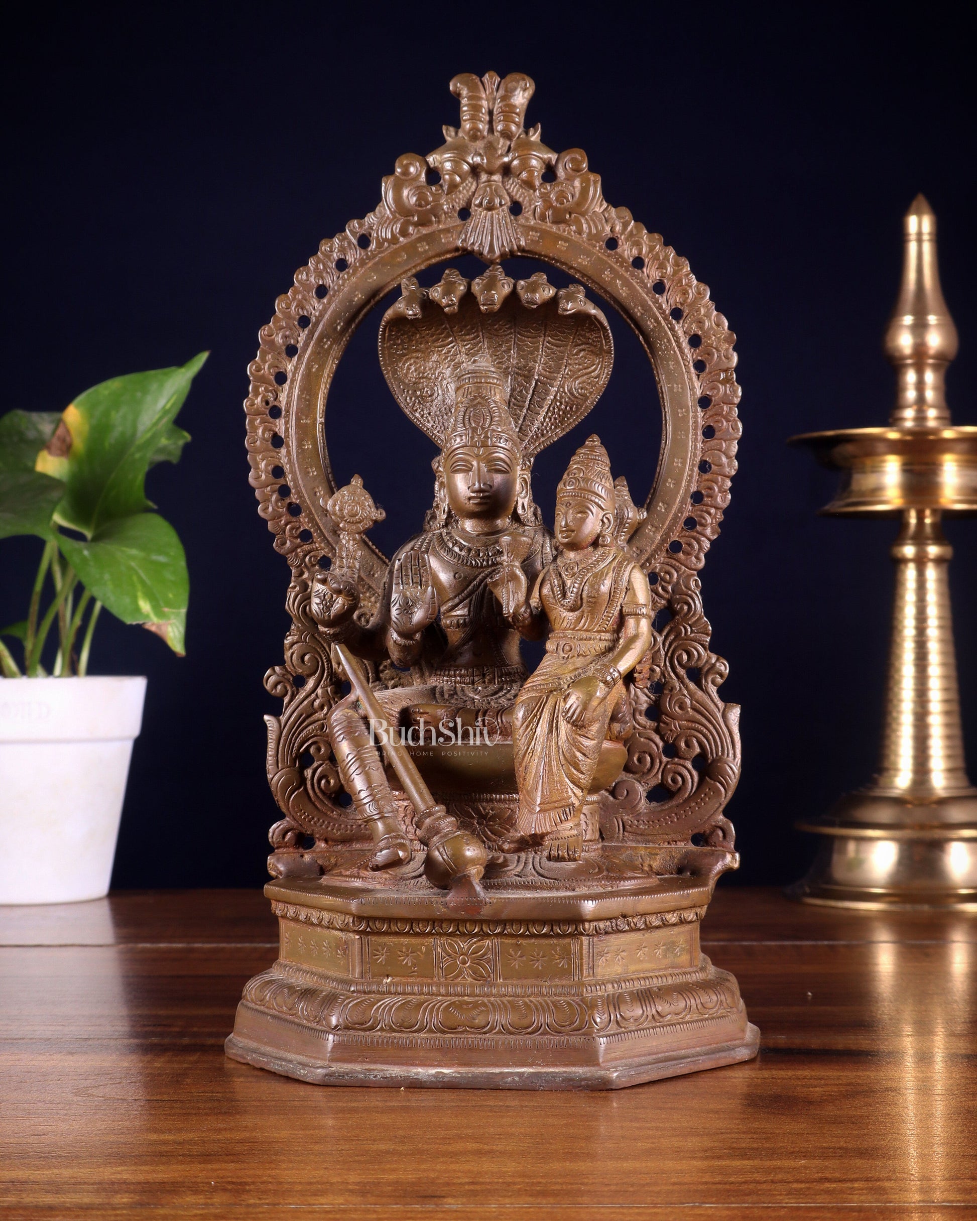 Pure Brass Vishnu Lakshmi Idol Seated on Sheshanaaga - 10" copper tone