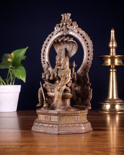 Pure Brass Vishnu Lakshmi Idol Seated on Sheshanaaga - 10" copper tone