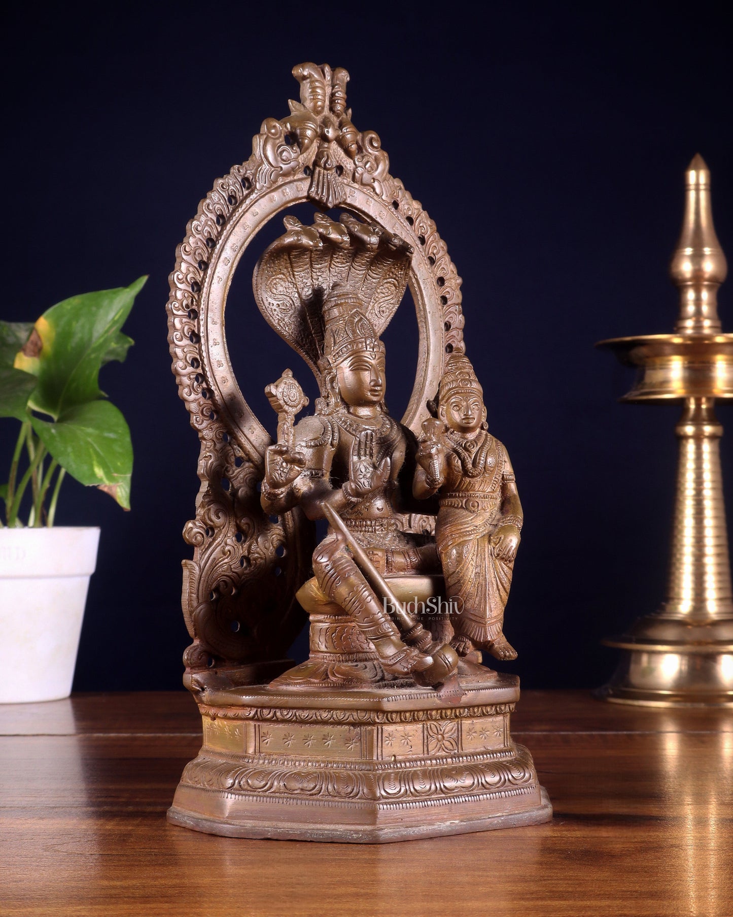 Pure Brass Vishnu Lakshmi Idol Seated on Sheshanaaga - 10" copper tone