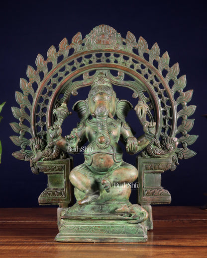 Pure Brass Vintage Lord Vinayaka (Ganesha) with Prabhavali - Green Patina, 15.5"