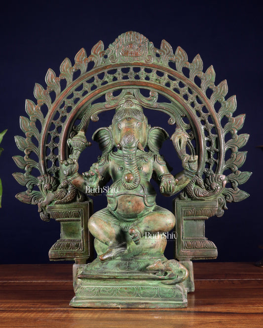 Pure Brass Vintage Lord Vinayaka (Ganesha) with Prabhavali - Green Patina, 15.5"