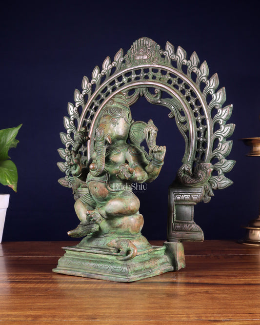 Pure Brass Vintage Lord Vinayaka (Ganesha) with Prabhavali - Green Patina, 15.5"