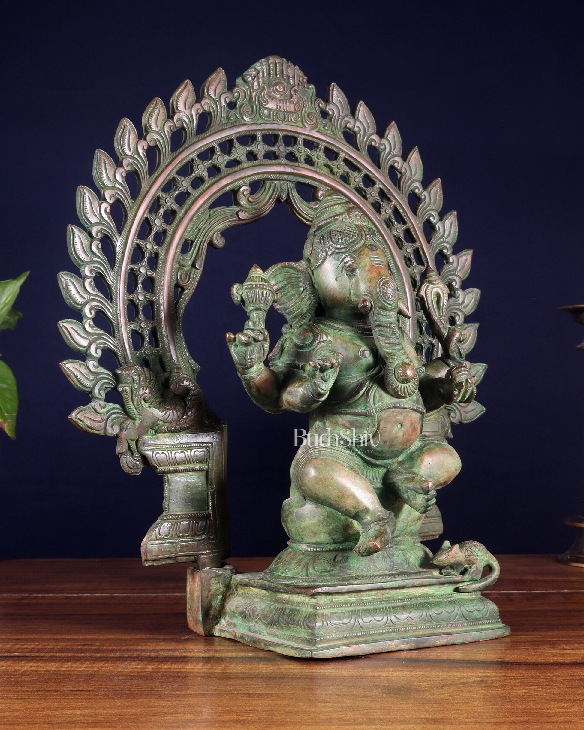 Pure Brass Vintage Lord Vinayaka (Ganesha) with Prabhavali - Green Patina, 15.5"