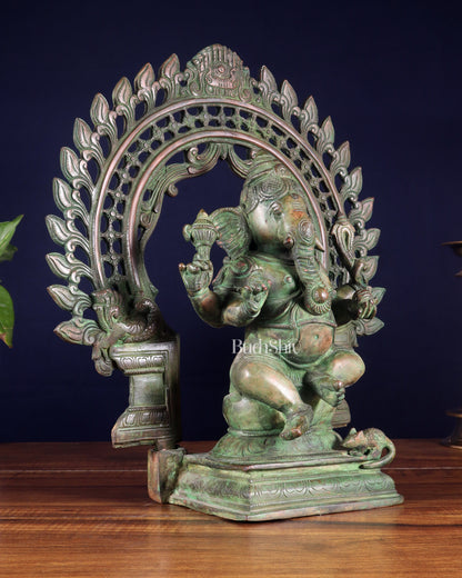 Pure Brass Vintage Lord Vinayaka (Ganesha) with Prabhavali - Green Patina, 15.5"