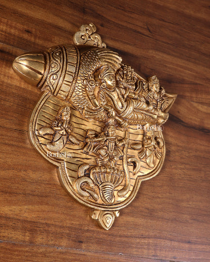 Pure Brass Lakshmi Narayana with Kalinga Krishna Carved on Shankh | Wall Hanging