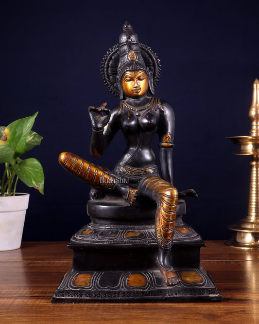 Brass Bhoga Shakti Goddess Uma Parvati Sitting Statue - Black Antique 12.5"