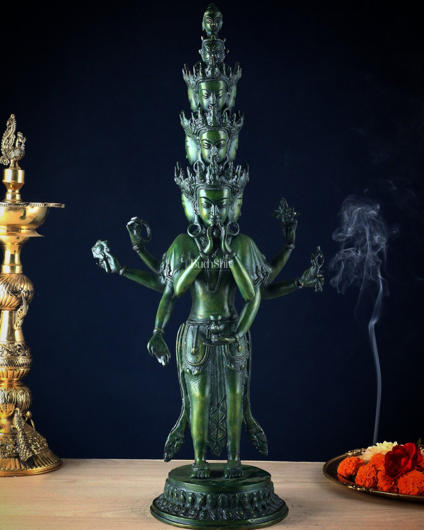 Eleven-Headed Eight-Armed Avalokiteshvara Statue in Brass – Antique Green Patina, 23.2"