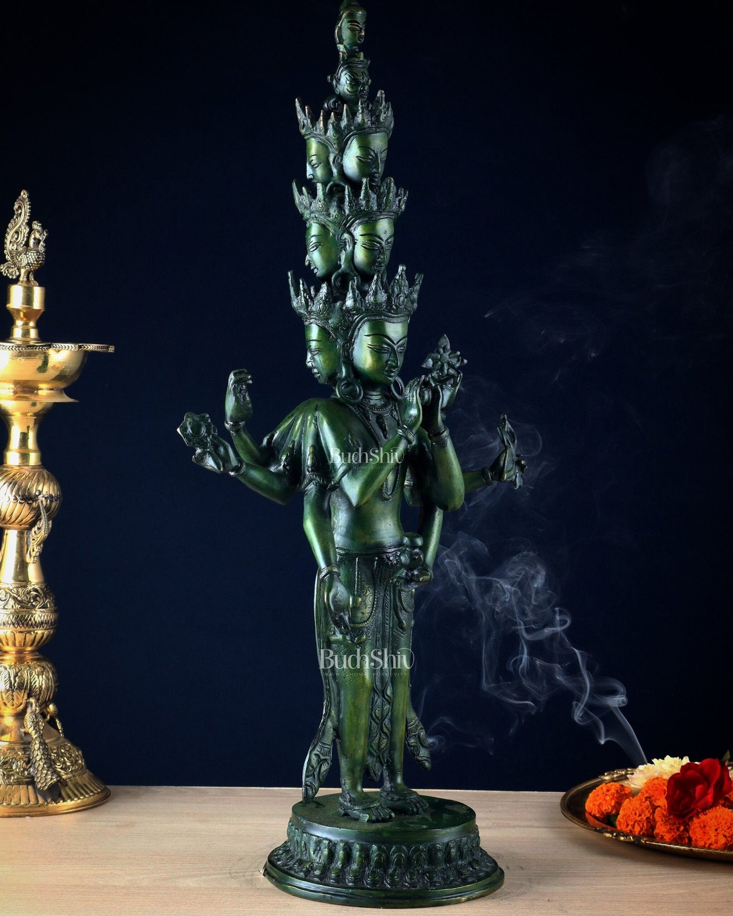 Eleven-Headed Eight-Armed Avalokiteshvara Statue in Brass – Antique Green Patina, 23.2"