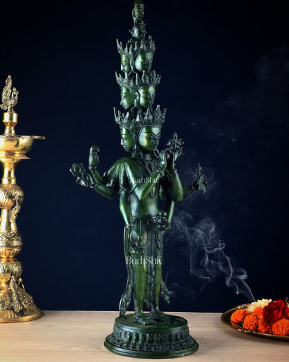Eleven-Headed Eight-Armed Avalokiteshvara Statue in Brass – Antique Green Patina, 23.2"