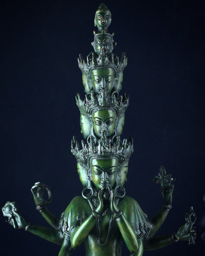 Eleven-Headed Eight-Armed Avalokiteshvara Statue in Brass – Antique Green Patina, 23.2"