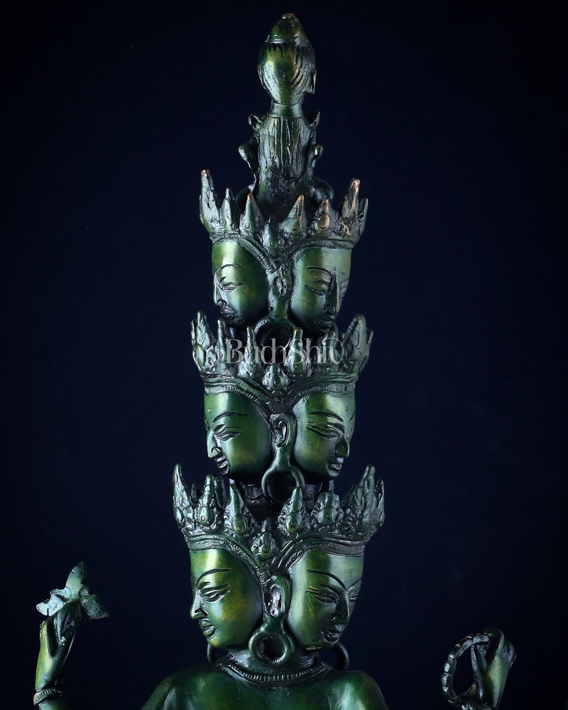 Eleven-Headed Eight-Armed Avalokiteshvara Statue in Brass – Antique Green Patina, 23.2"