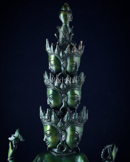 Eleven-Headed Eight-Armed Avalokiteshvara Statue in Brass – Antique Green Patina, 23.2"