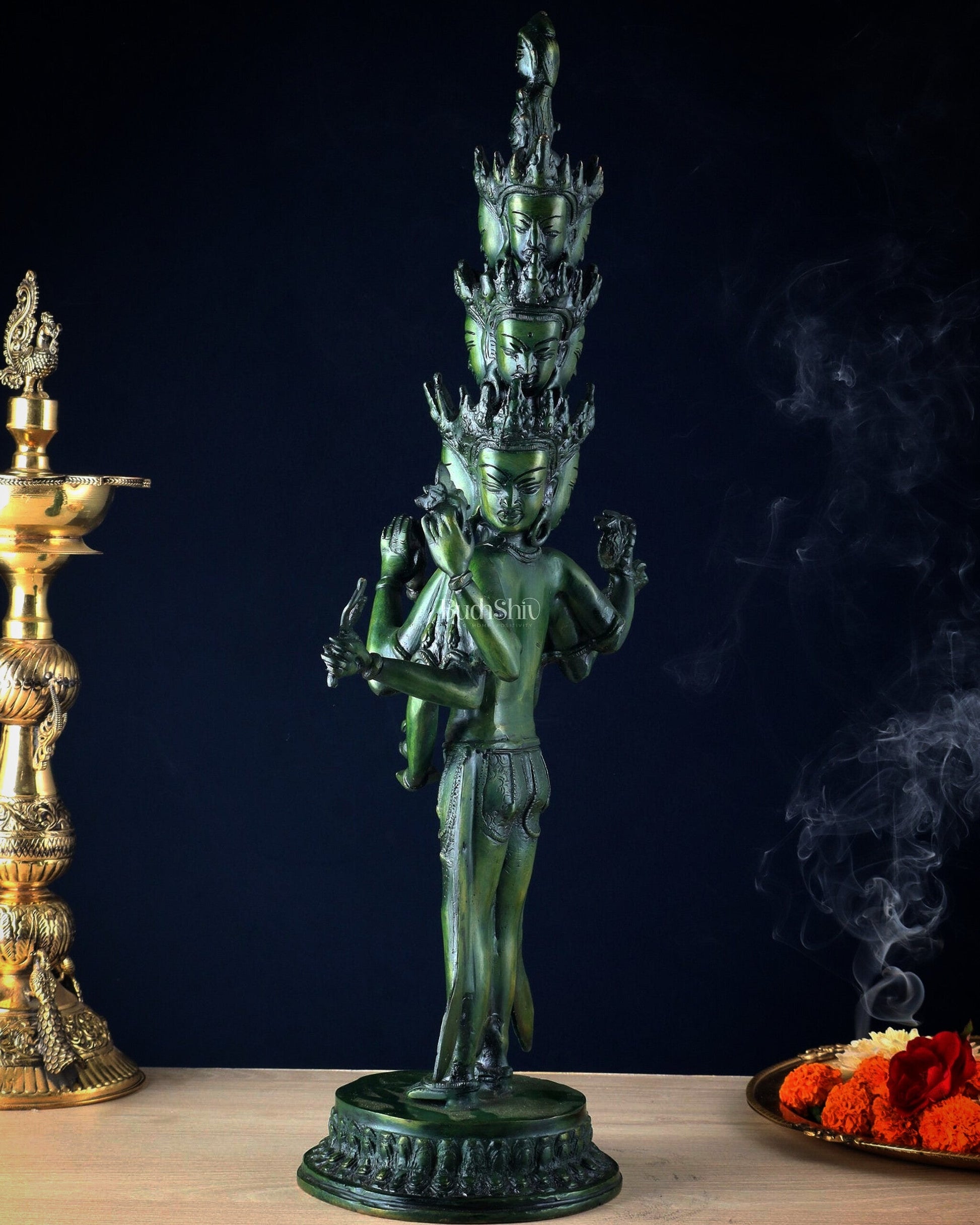 Eleven-Headed Eight-Armed Avalokiteshvara Statue in Brass – Antique Green Patina, 23.2"