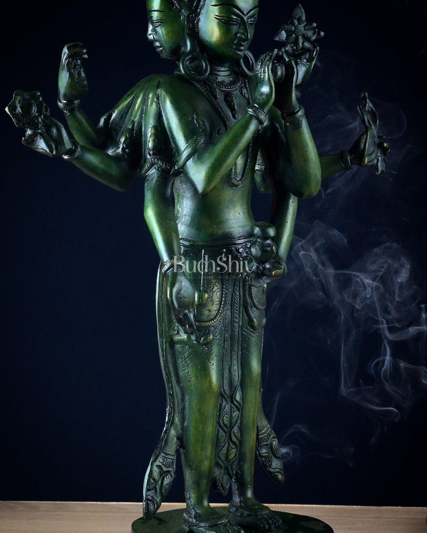 Eleven-Headed Eight-Armed Avalokiteshvara Statue in Brass – Antique Green Patina, 23.2"