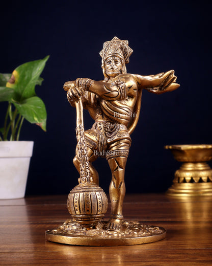 Powerful Standing Hanuman Brass Idol - 7.5" Height, Superfine Craftsmanship