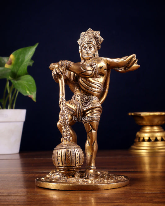 Powerful Standing Hanuman Brass Idol - 7.5" Height, Superfine Craftsmanship