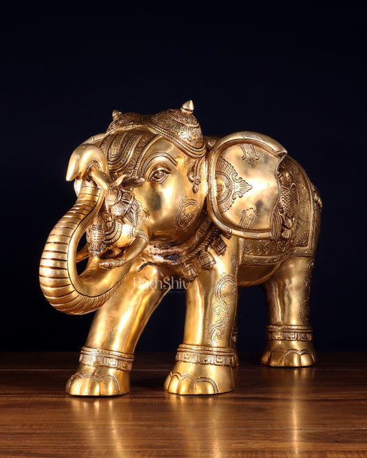 Pure Brass Large Elephant with trunk up Statue with Enhanced Carvings 26"