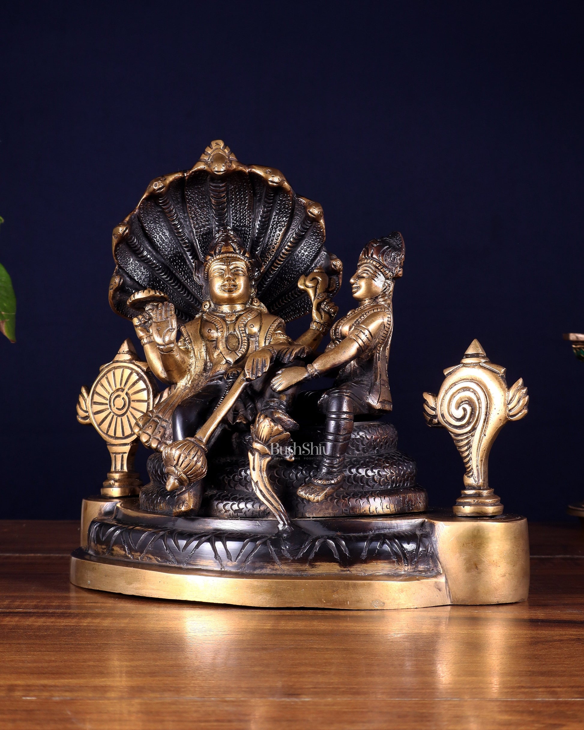 Brass Resting Vishnu Lakshmi Narayan with Shankh Chakra Statue - 8.5 Inch
