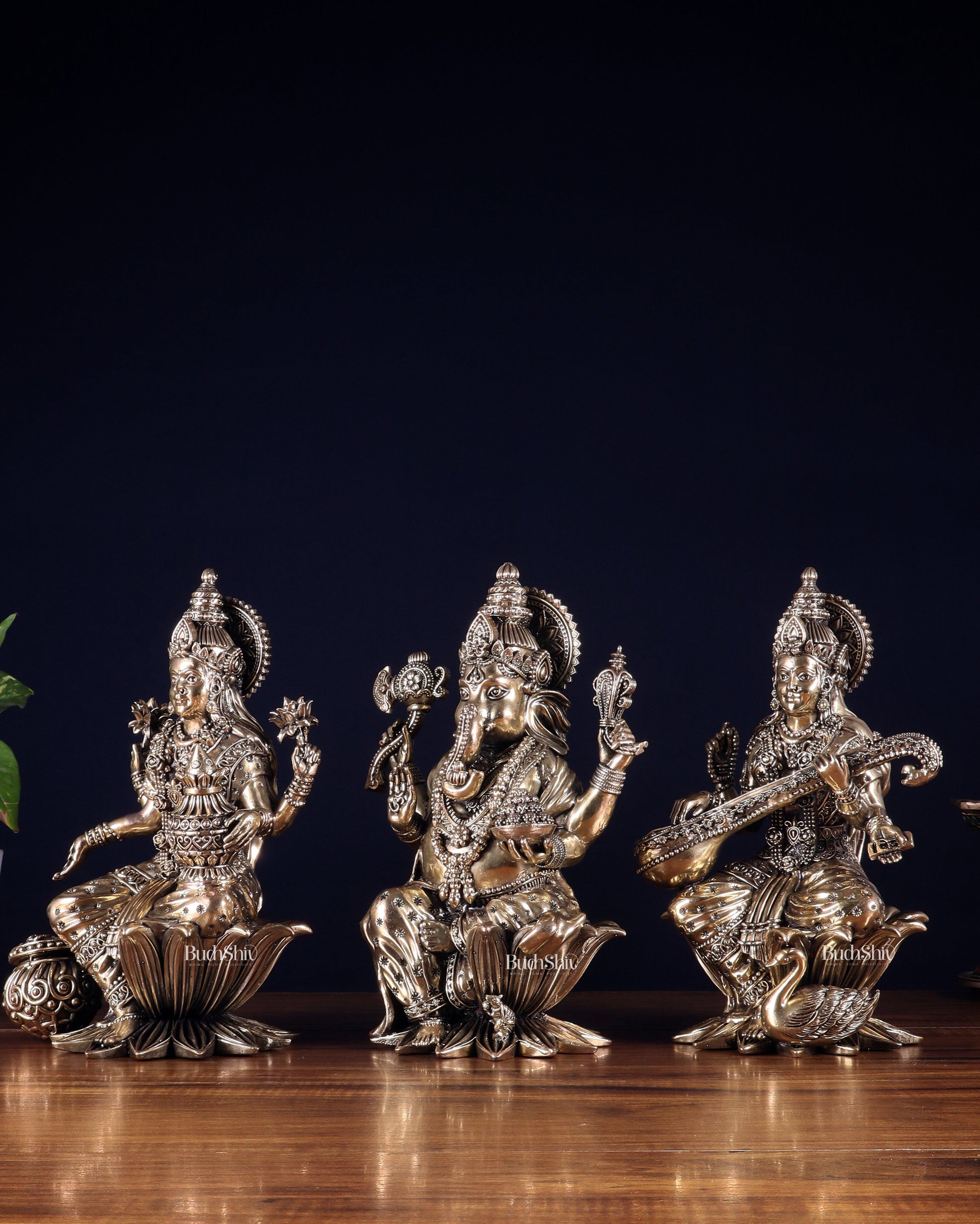 Superfine Brass Ganesh Lakshmi Saraswati Idol Set – 10 Inch