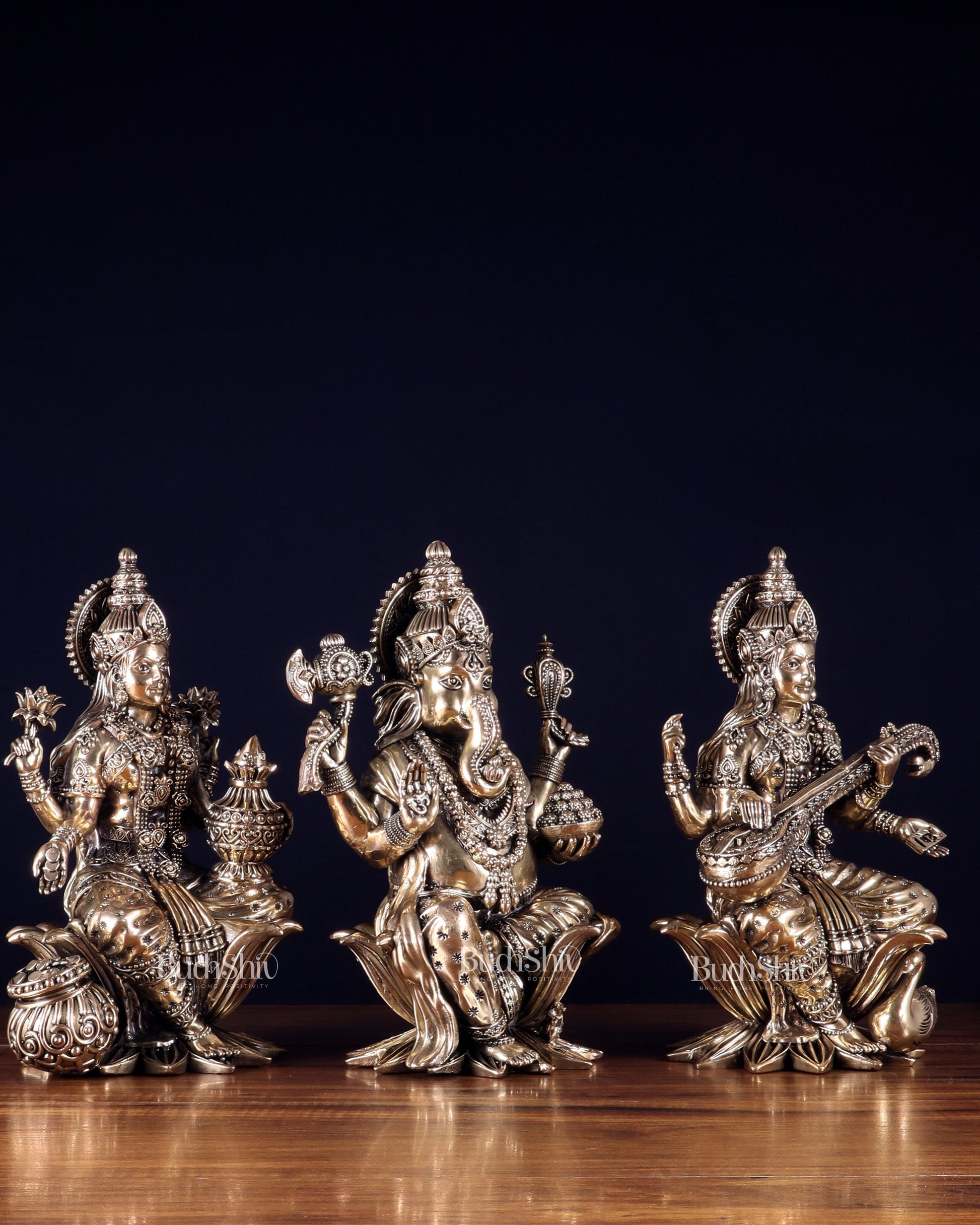 Superfine Brass Ganesh Lakshmi Saraswati Idol Set – 10 Inch