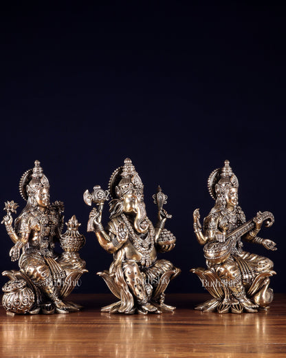 Superfine Brass Ganesh Lakshmi Saraswati Idol Set – 10 Inch