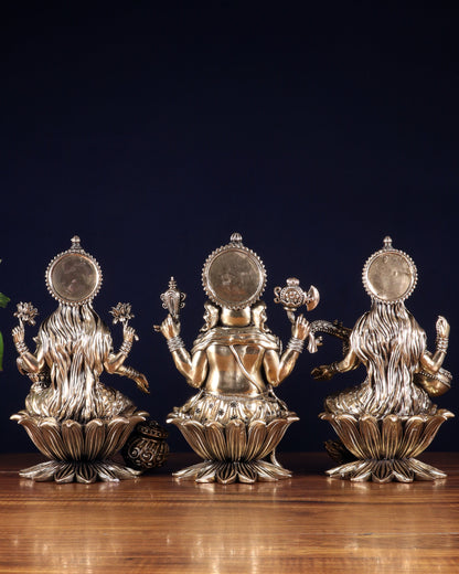 Superfine Brass Ganesh Lakshmi Saraswati Idol Set – 10 Inch