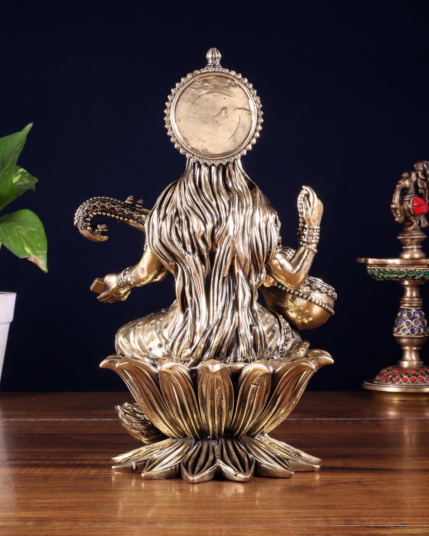 Pure Brass Goddess Saraswati Idol – 10 Inch | Intricately Handcrafted