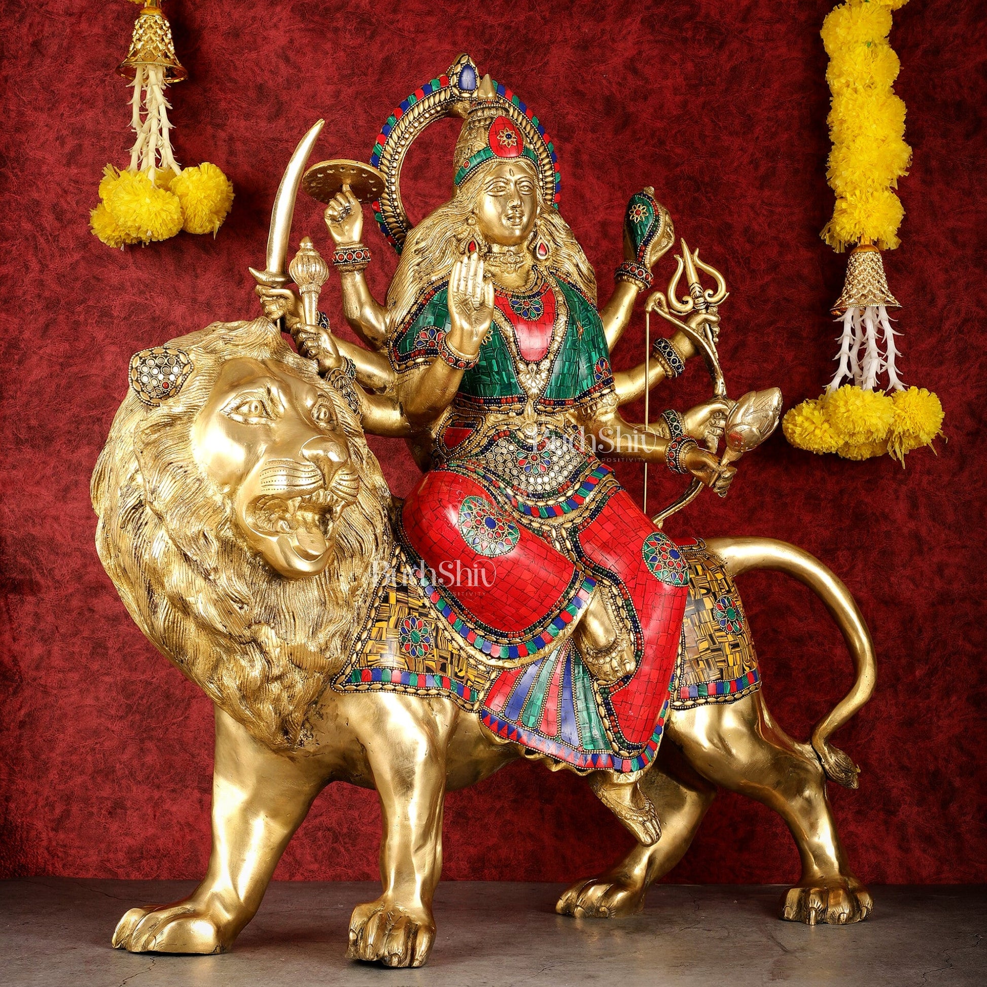 Pure Brass Large Goddess Durga Sherawali Mata Murti - 27 inch
