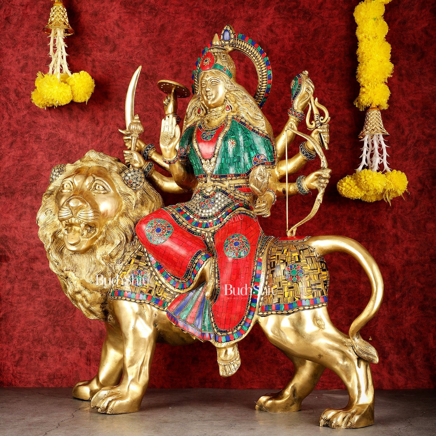 Pure Brass Large Goddess Durga Sherawali Mata Murti - 27 inch