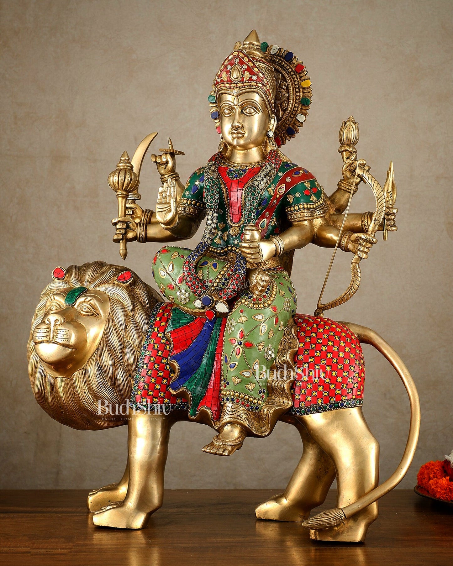 Brass large Durga ma ambe Statue – 24 Inches, Meenakari Stonework