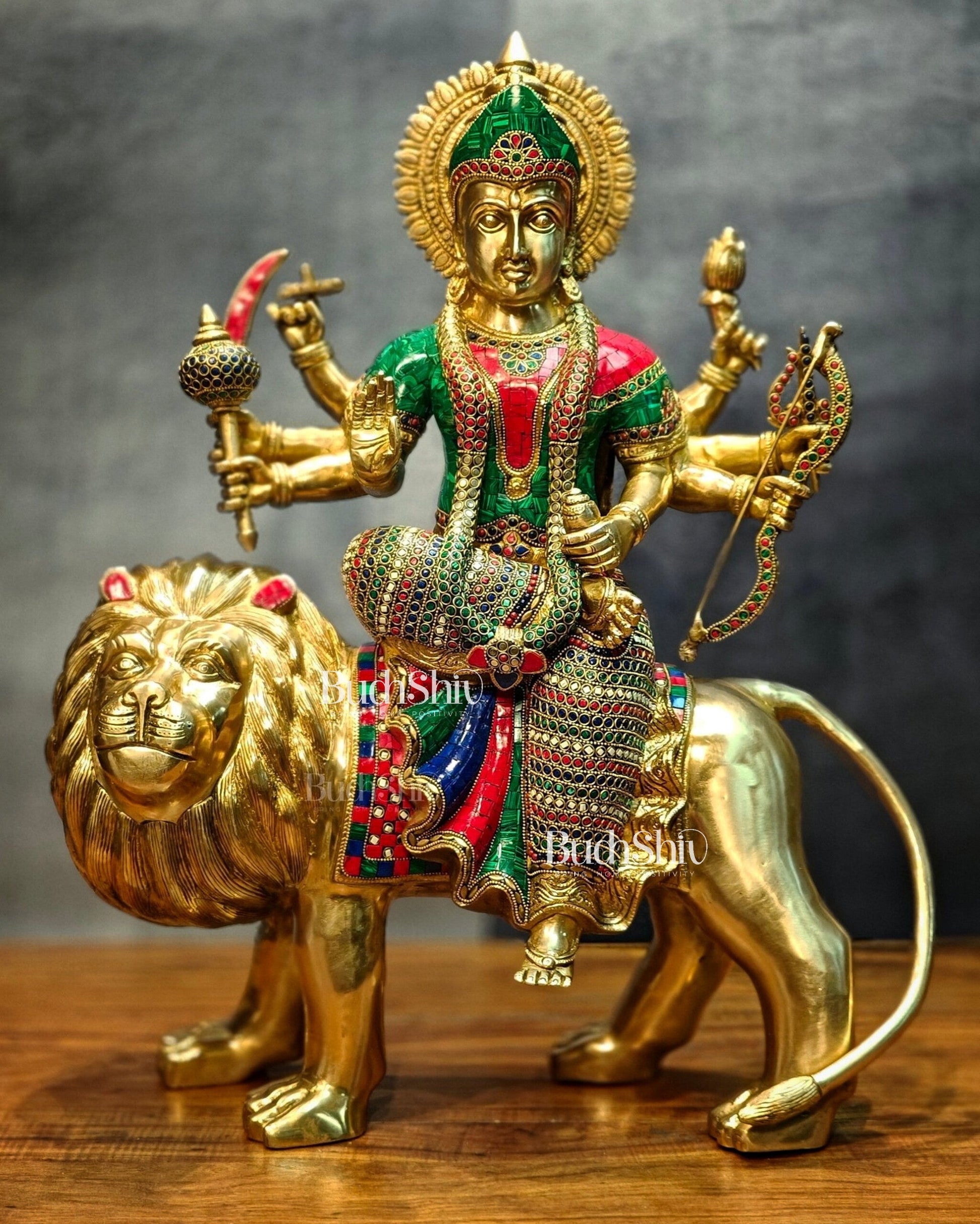 Brass Handcrafted Durga Ashtabhuja Statue – 24 Inches, Meenakari Stonework