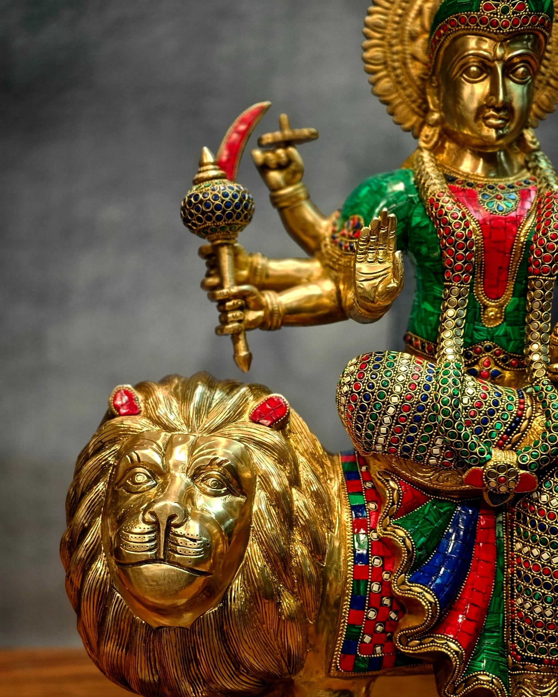 Brass Handcrafted Durga Ashtabhuja Statue – 24 Inches, Meenakari Stonework