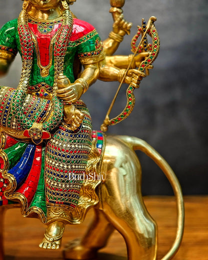 Brass Handcrafted Durga Ashtabhuja Statue – 24 Inches, Meenakari Stonework