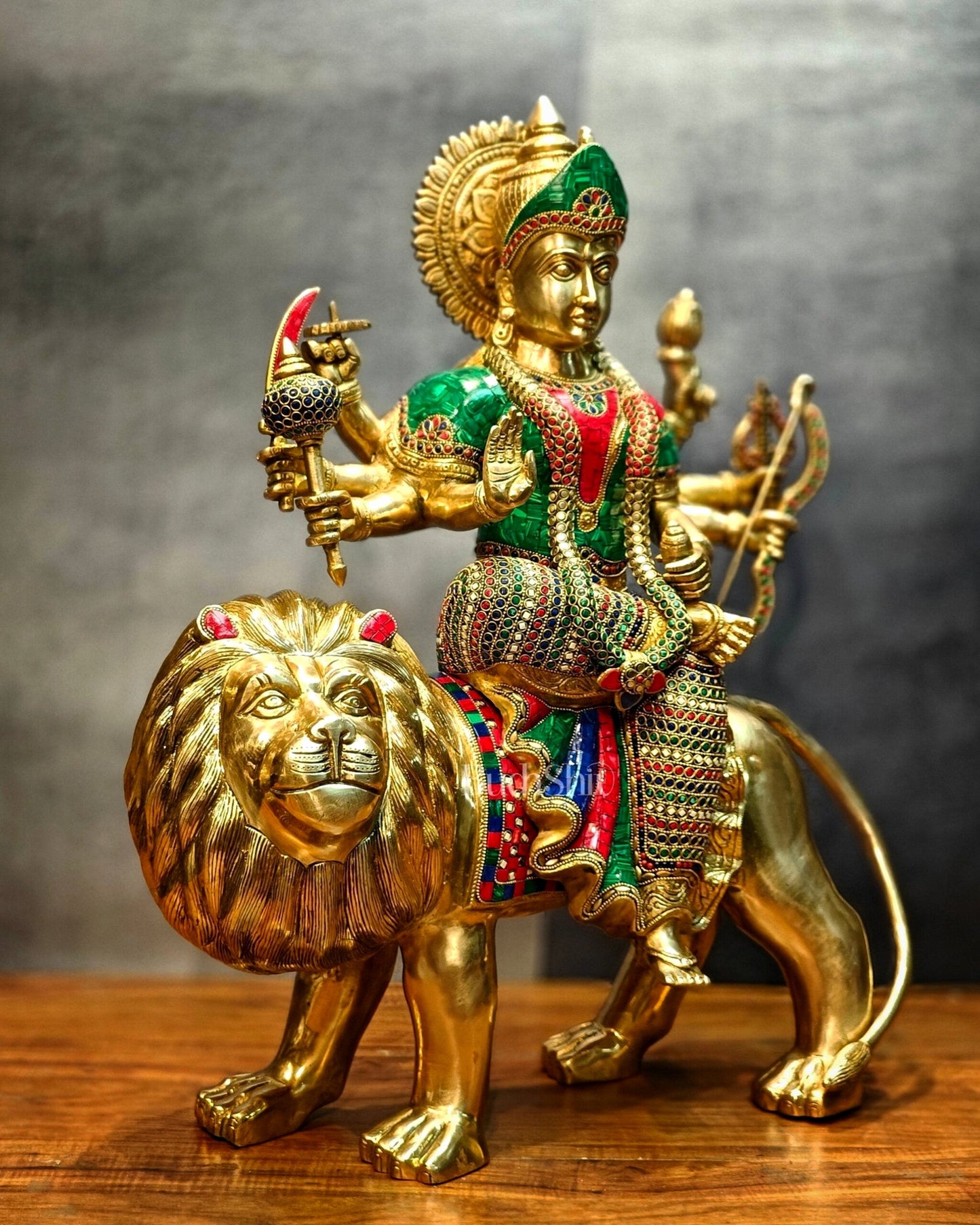 Brass Handcrafted Durga Ashtabhuja Statue – 24 Inches, Meenakari Stonework