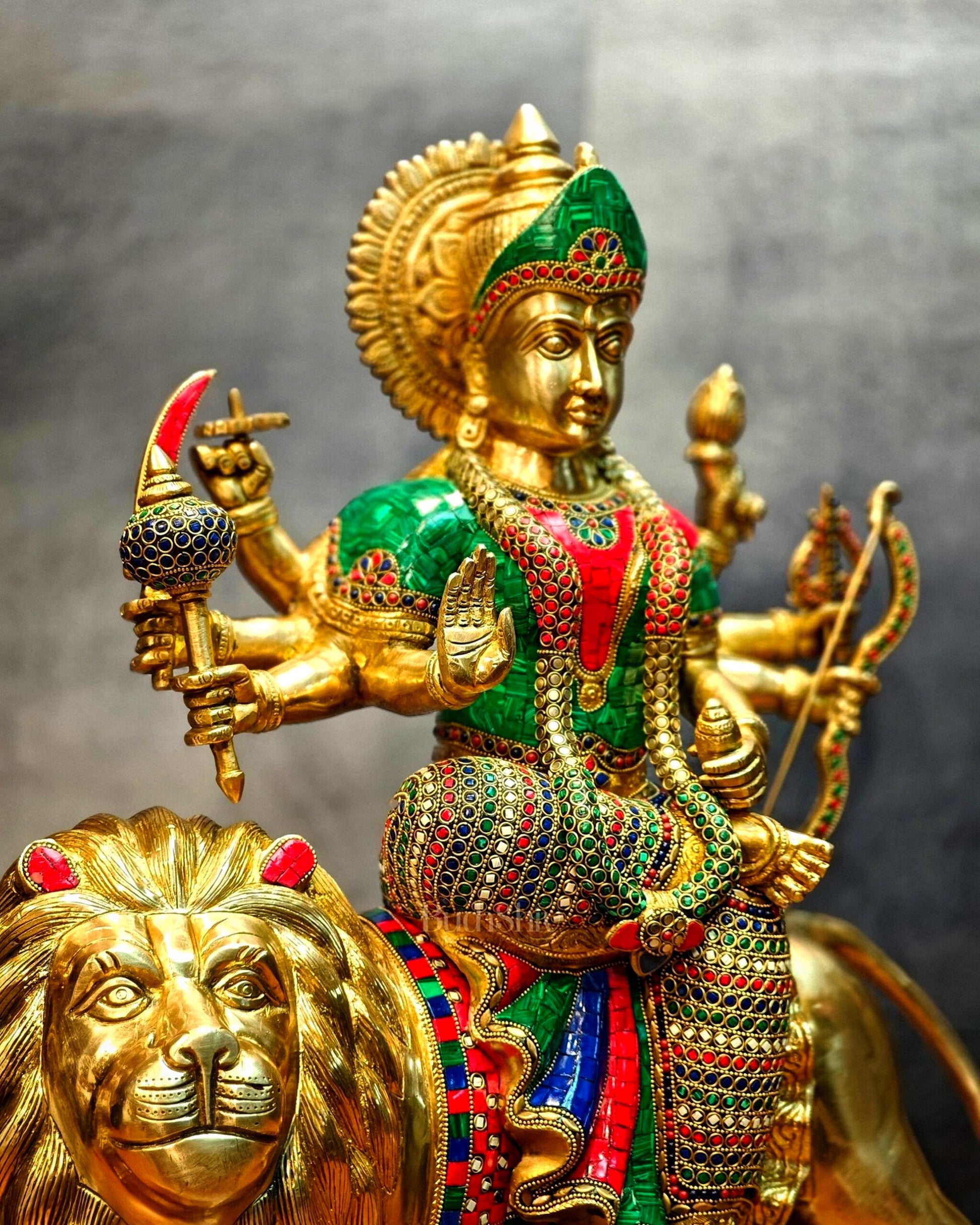 Brass Handcrafted Durga Ashtabhuja Statue – 24 Inches, Meenakari Stonework