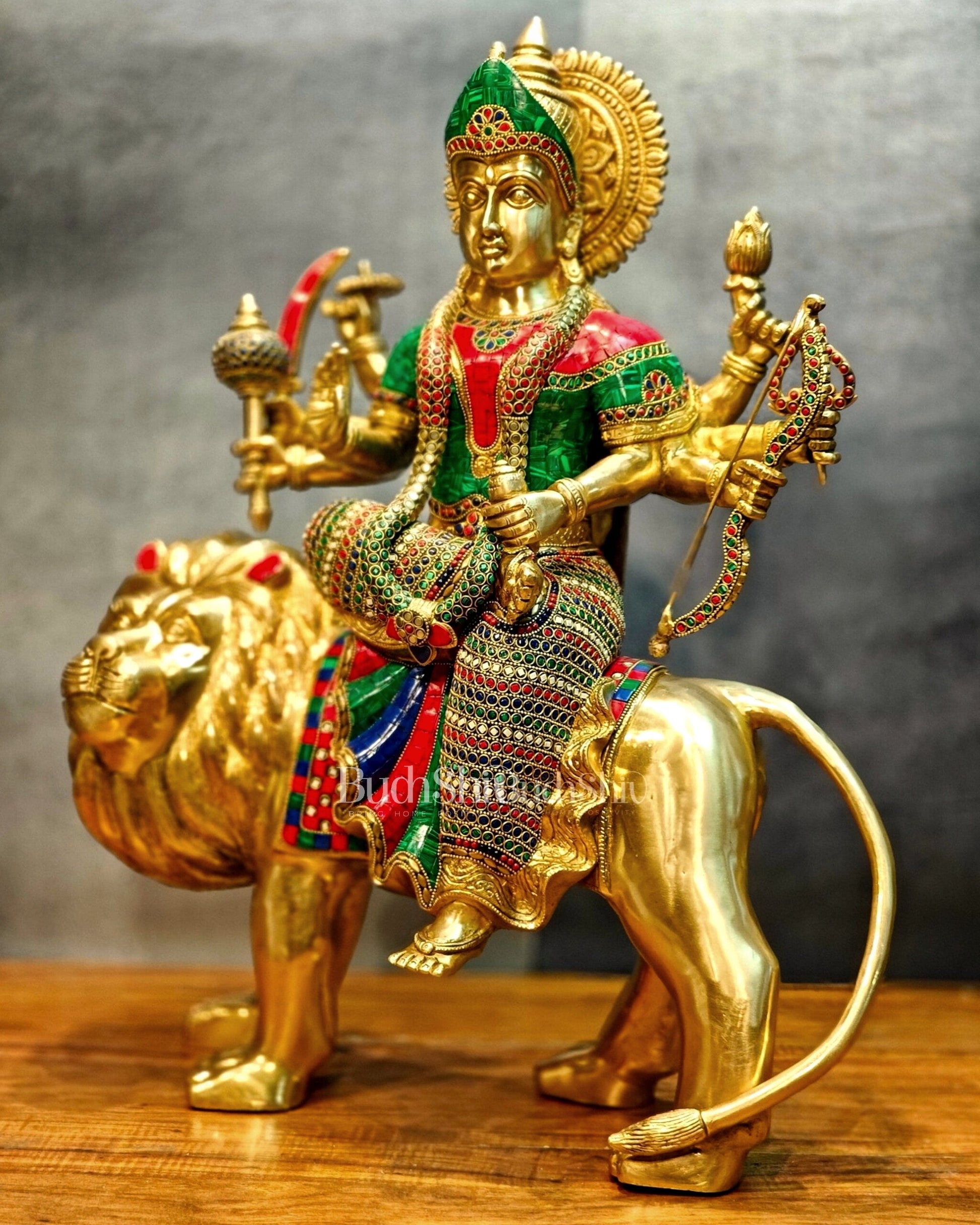 Brass Handcrafted Durga Ashtabhuja Statue – 24 Inches, Meenakari Stonework