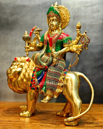Brass Handcrafted Durga Ashtabhuja Statue – 24 Inches, Meenakari Stonework