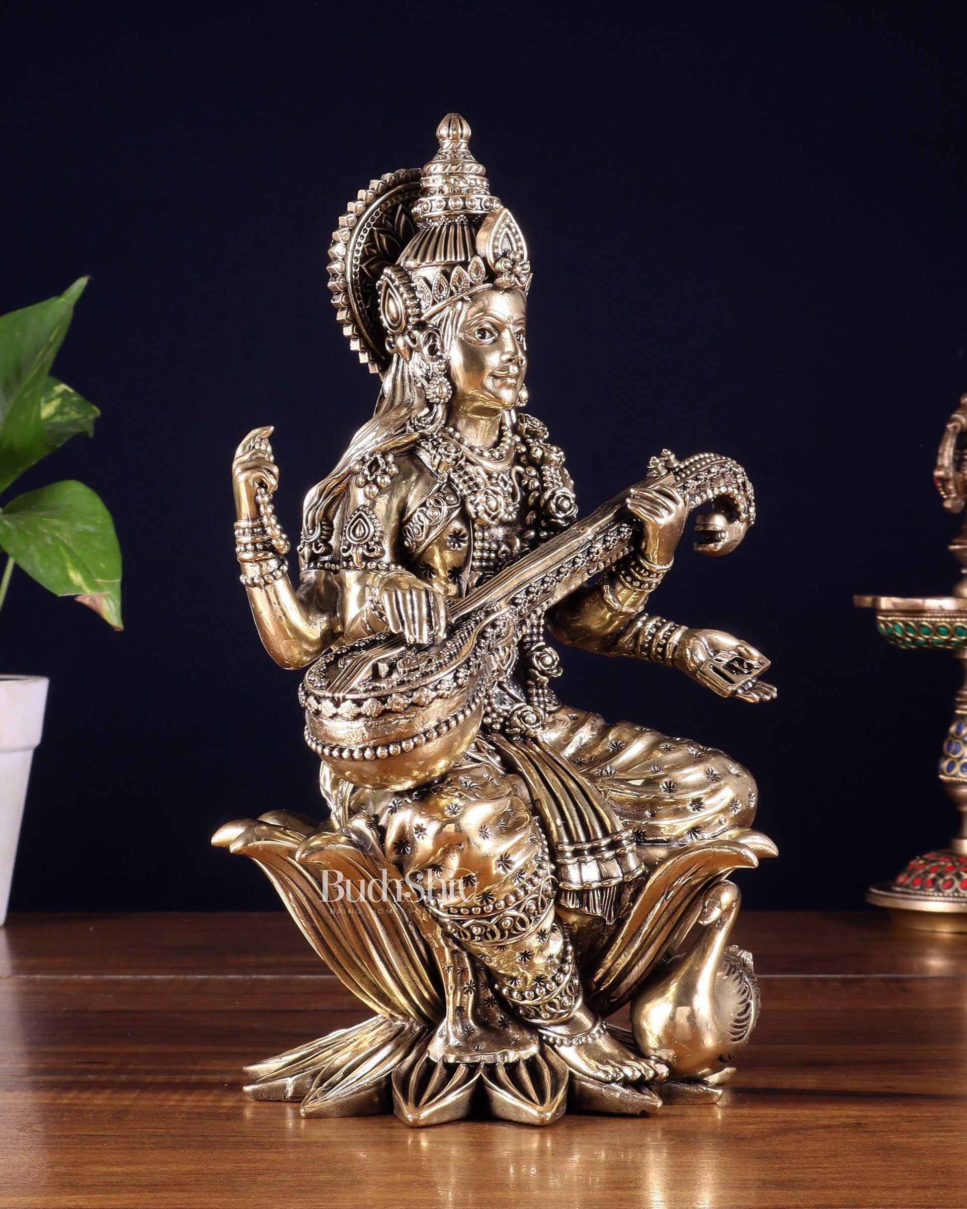 Pure Brass Goddess Saraswati Idol – 10 Inch | Intricately Handcrafted