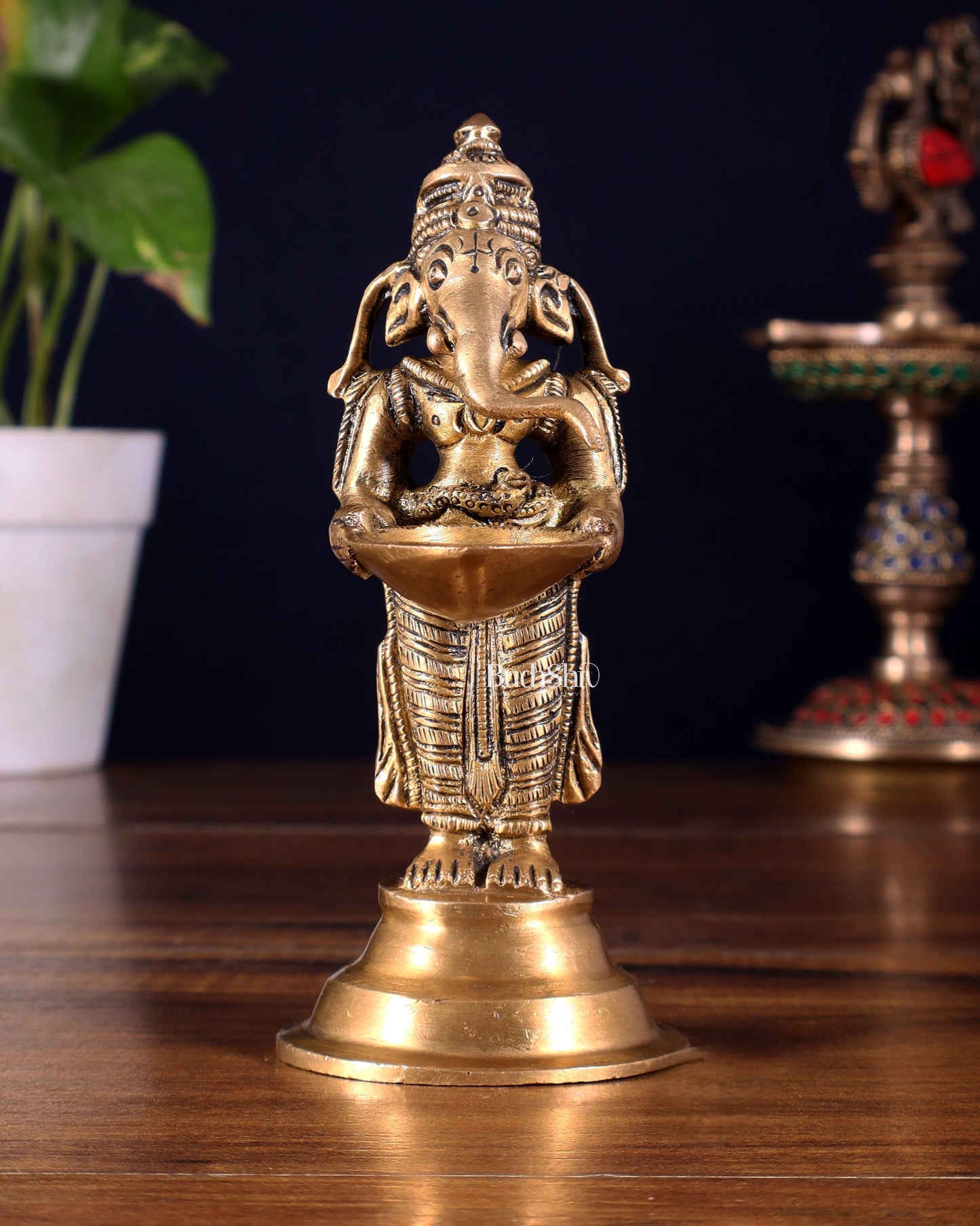 Brass Ganesha Holding Single Diya Statue 5.5"