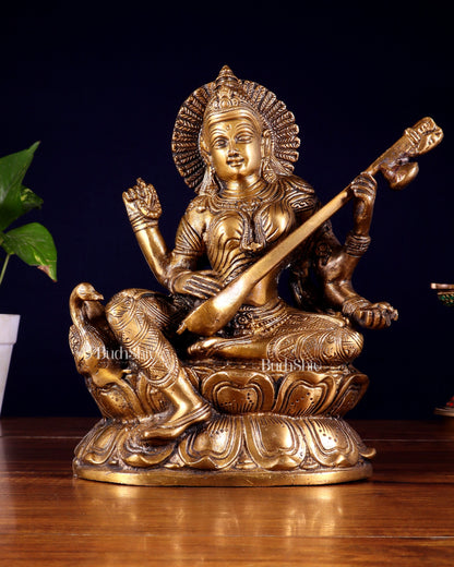 Pure Brass Saraswati with Swan Statue – 9 Inch