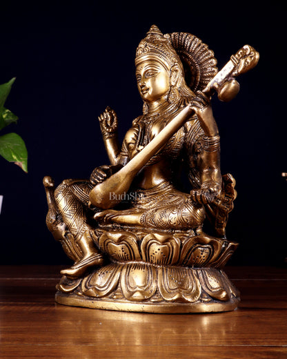 Pure Brass Saraswati with Swan Statue – 9 Inch