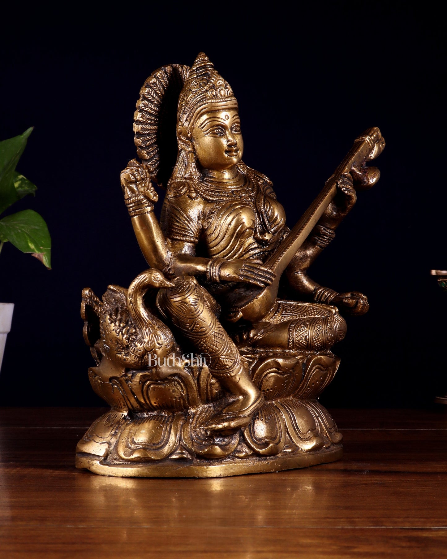 Pure Brass Saraswati with Swan Statue – 9 Inch
