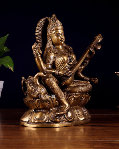 Pure Brass Saraswati with Swan Statue – 9 Inch