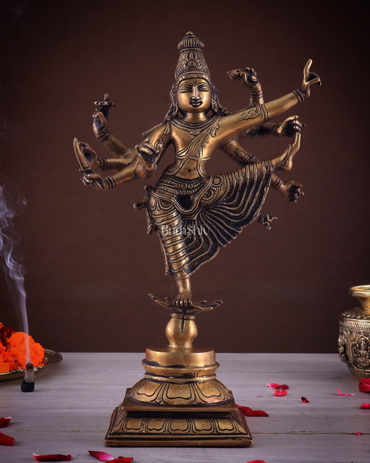 Pure Brass Dancing Vishnu avatar vamana as Thirivikrama with 8 Arms 16 inch