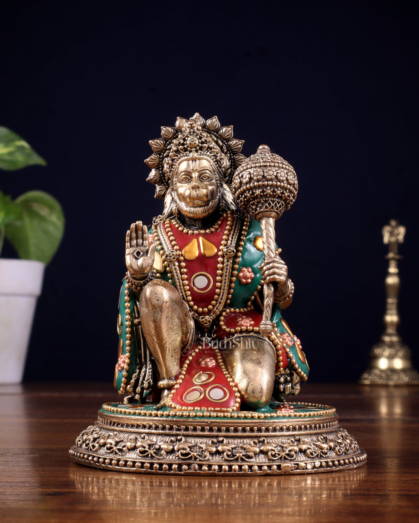 Pure Brass Superfine Lord Hanuman Idol with meenakari Stonework - 4.5 inch