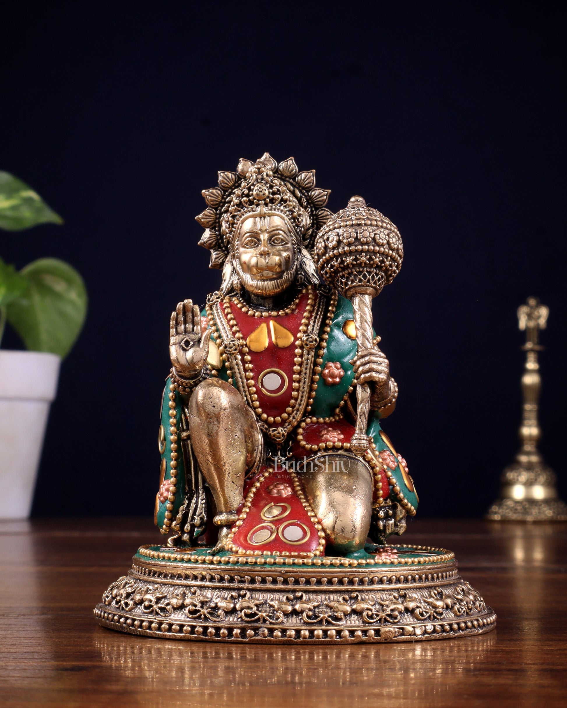 Pure Brass Superfine Lord Hanuman Idol with meenakari Stonework - 4.5 inch