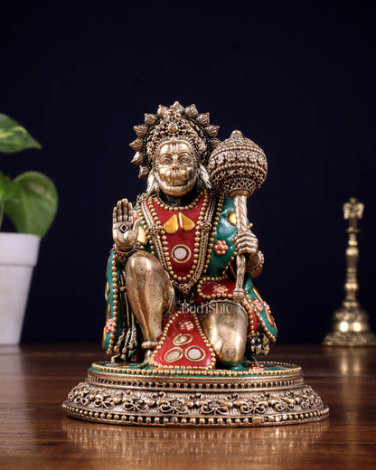 Pure Brass Superfine Lord Hanuman Idol with meenakari Stonework - 4.5 inch