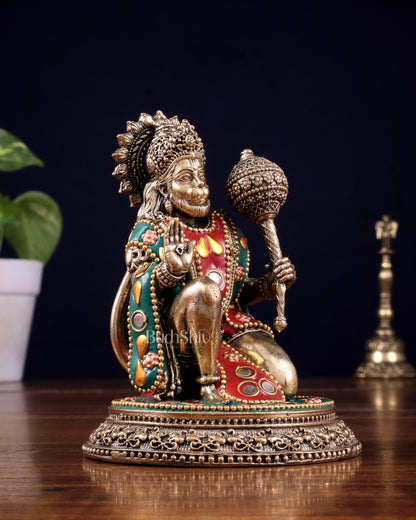 Pure Brass Superfine Lord Hanuman Idol with meenakari Stonework - 4.5 inch