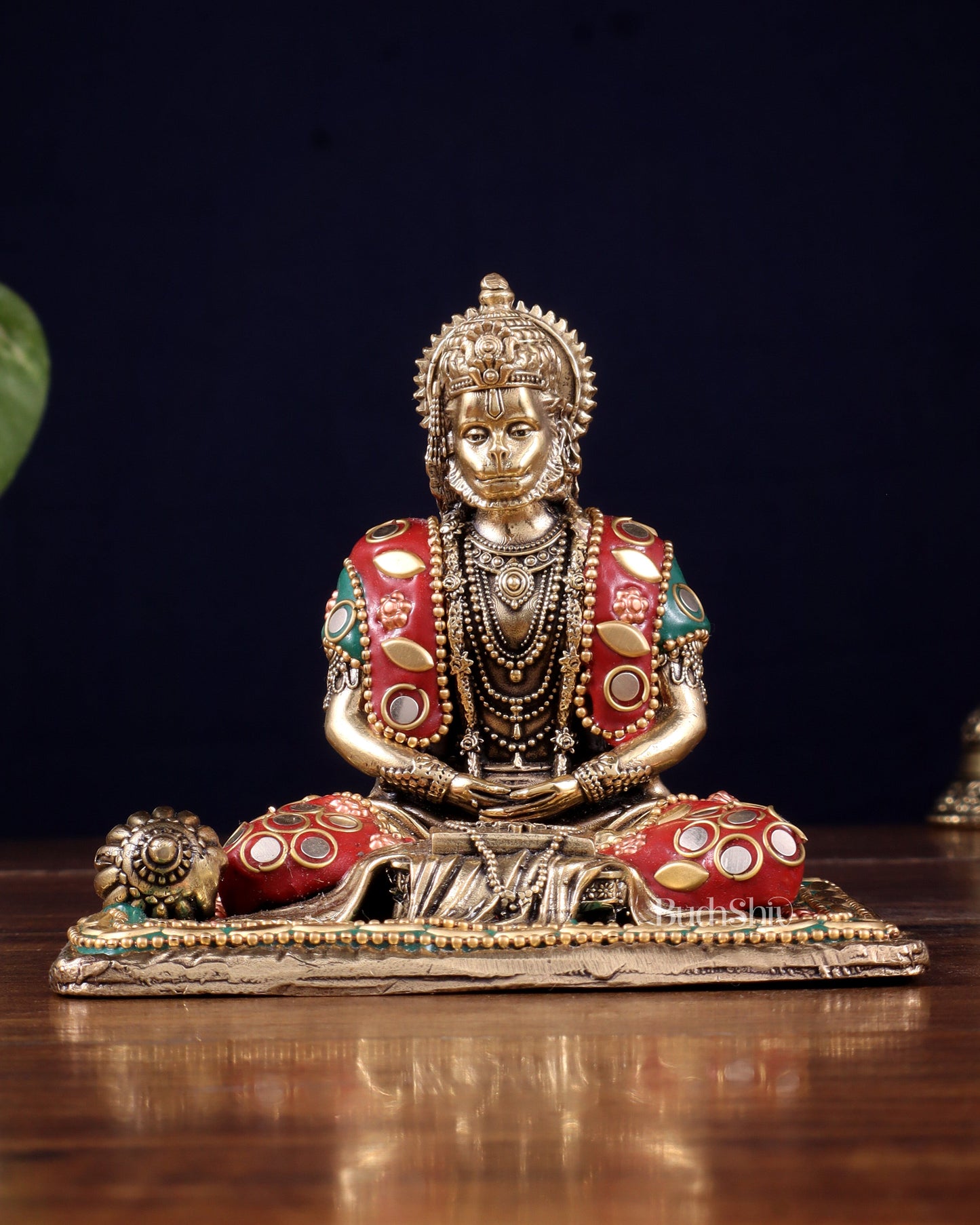 Brass Superfine Meditation Hanuman Idol - meenakari Stonework - 4" Tall